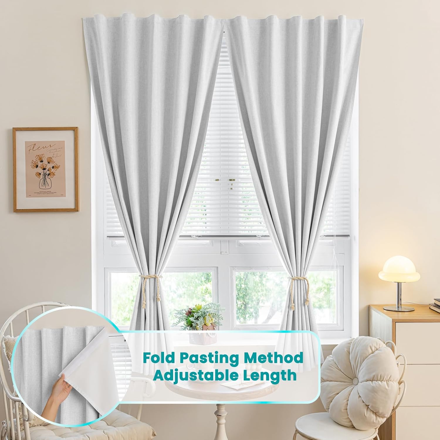 100% Blackout Self Adhesive Curtains Portable Curtain Simple and Easy to install Bedroom Window Thermal Lnsulated Kitchen Room Darkening Black Small Drapes, W35 x L72 inch, 1 Panel, Off-White