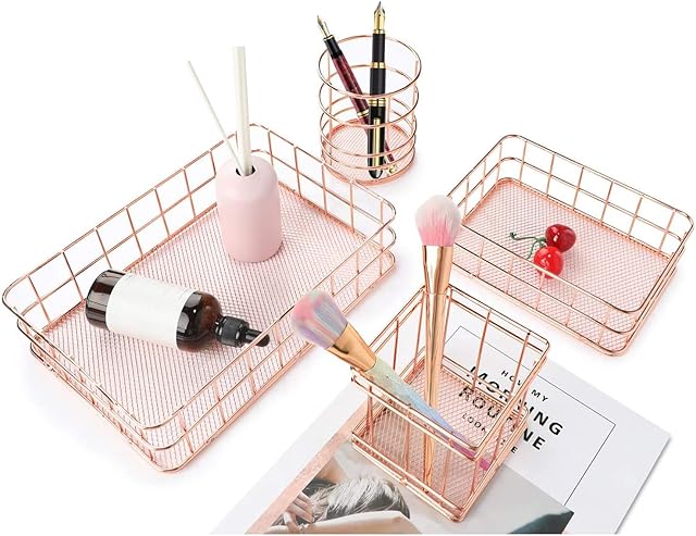 AKUKA Wire Storage Baskets Rose Gold Organizer Bins, Freezer Storage Baskets Makeup Organizer Metal Mesh Baskets, Bedroom Accessories Set of 4 Household Baskets for Fridge, Pantry, Kitchen, Bathroom