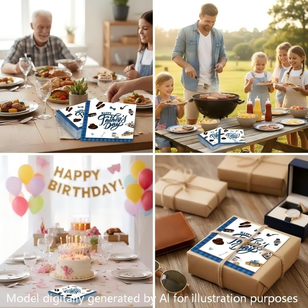 40 Pcs Happy Fathers Day Napkins, Fathers Day Decorations, Blue Plaid Themed Disposable Paper Napkins for Dad Party, Decorative Tableware Ornamental Dinner Decor Supplies for Best Dad Celebration