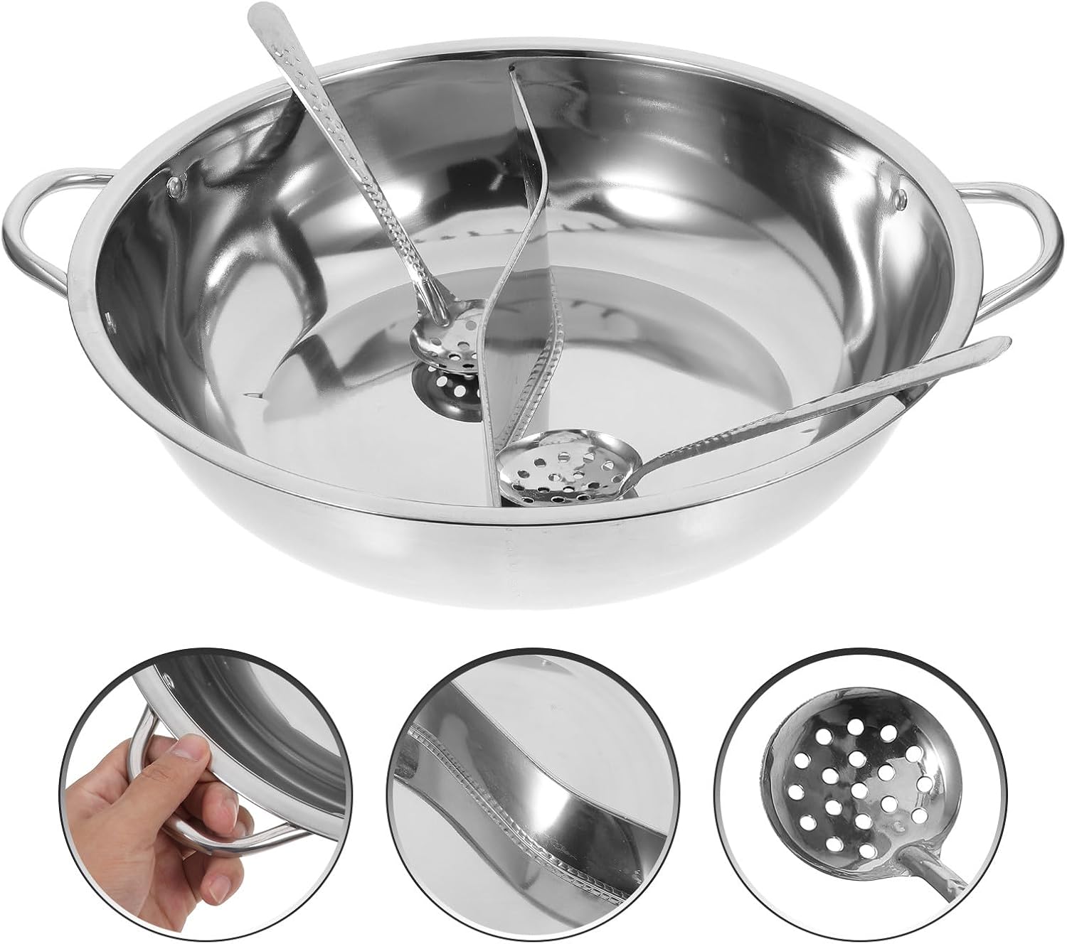 VALICLUD Stainless Steel Divided Hot Pot 34cm Two-flavor Stockpot with Soup Ladle Induction Compatible for Home and Restaurant Use
