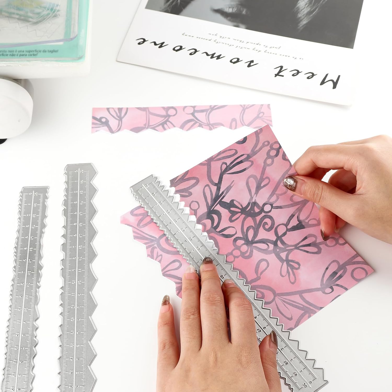 9 PCS/Set Metal Acrylic Paper Tearing Ruler Irregular Edges with Water Brushes Ruler Deckle Edges Ruler Measuring Embossing Cutting Dies for Card Making Scrapbooking Craft DIY Cutting Dies Tools