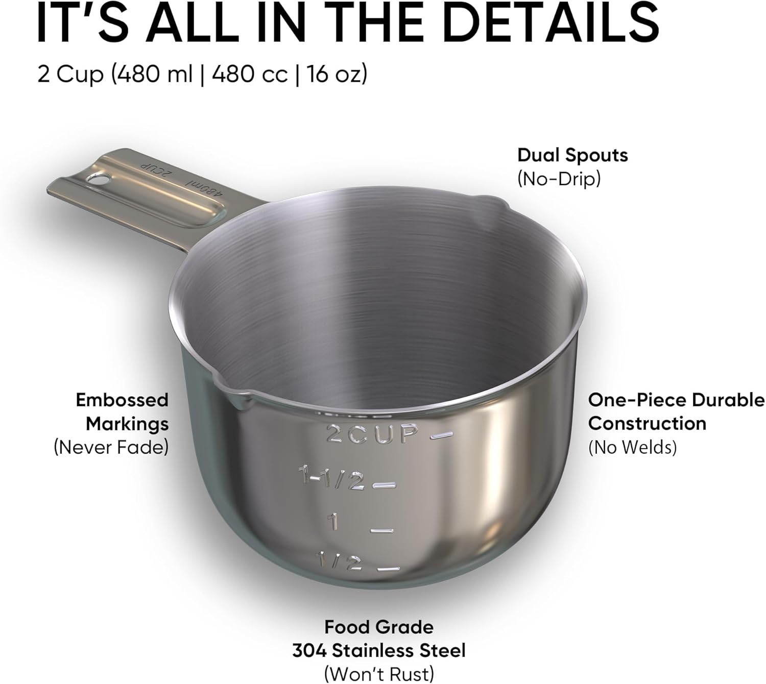 Color Up Measuring Cup Set, Stainless Steel 1 Cup (240ml) & 2 Cup (480ml) Scoops with Engraved Markings, Dual Pour Spouts, Flat Base, Dishwasher Safe for Dry and Liquid Ingredients