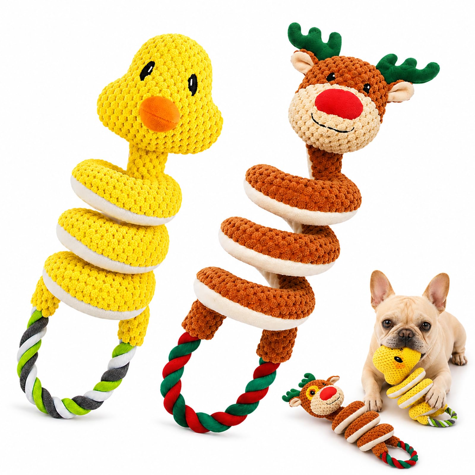 2 Pack Dog Rope Toys, Squeaky Plush Tug and Chew Toys for Medium Large Dogs