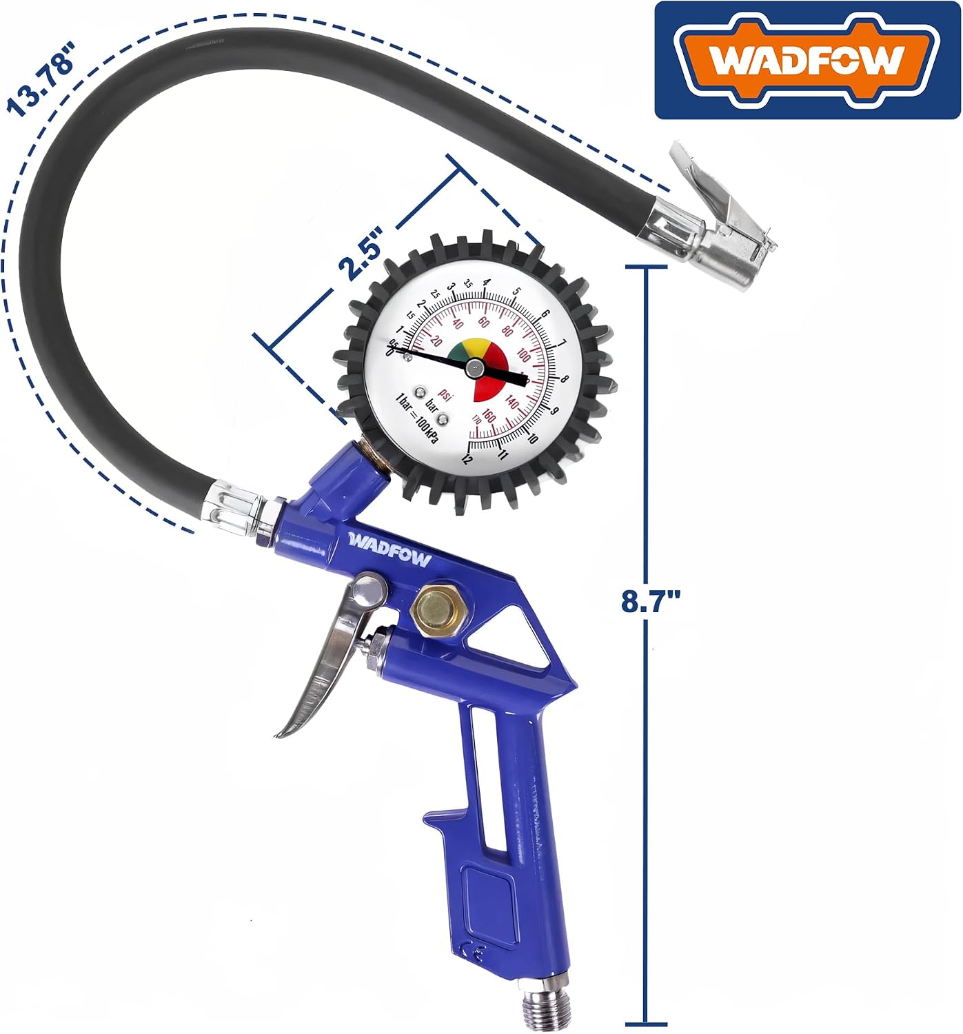 WADFOW Auto Tire Inflator/Deflator Air Pressure Gauge: Rubber Hose, 2-1/2" Dial Gauge with Straight Brass Lock-on Chuck, Compatible with Air Pump Compressor for RV, Car, Motorcycle and Bike