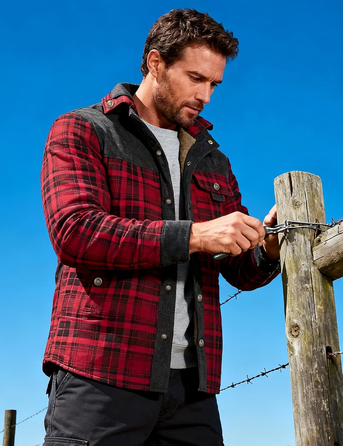 Flygo Men's Sherpa Lined Plaid Flannel Shirt Jacket Snap Button Warm Winter Jacket with Pockets - Image 2