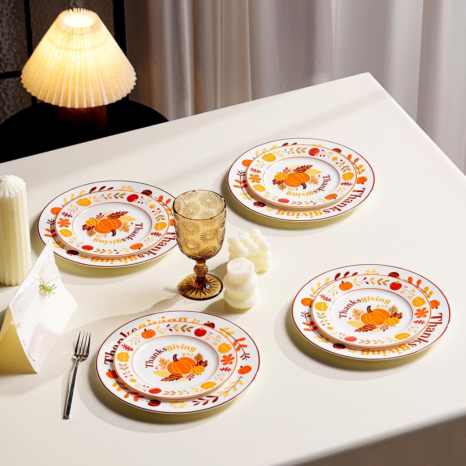Fine Bone China Thanksgiving 10.75 inches Dinner Plates Set of 4, Pumpkin, Maple Leaf Design, Thanksgiving Table Decorations Thin and Light Weight, Designed Gift Box, Dishwasher and Microwave Safe