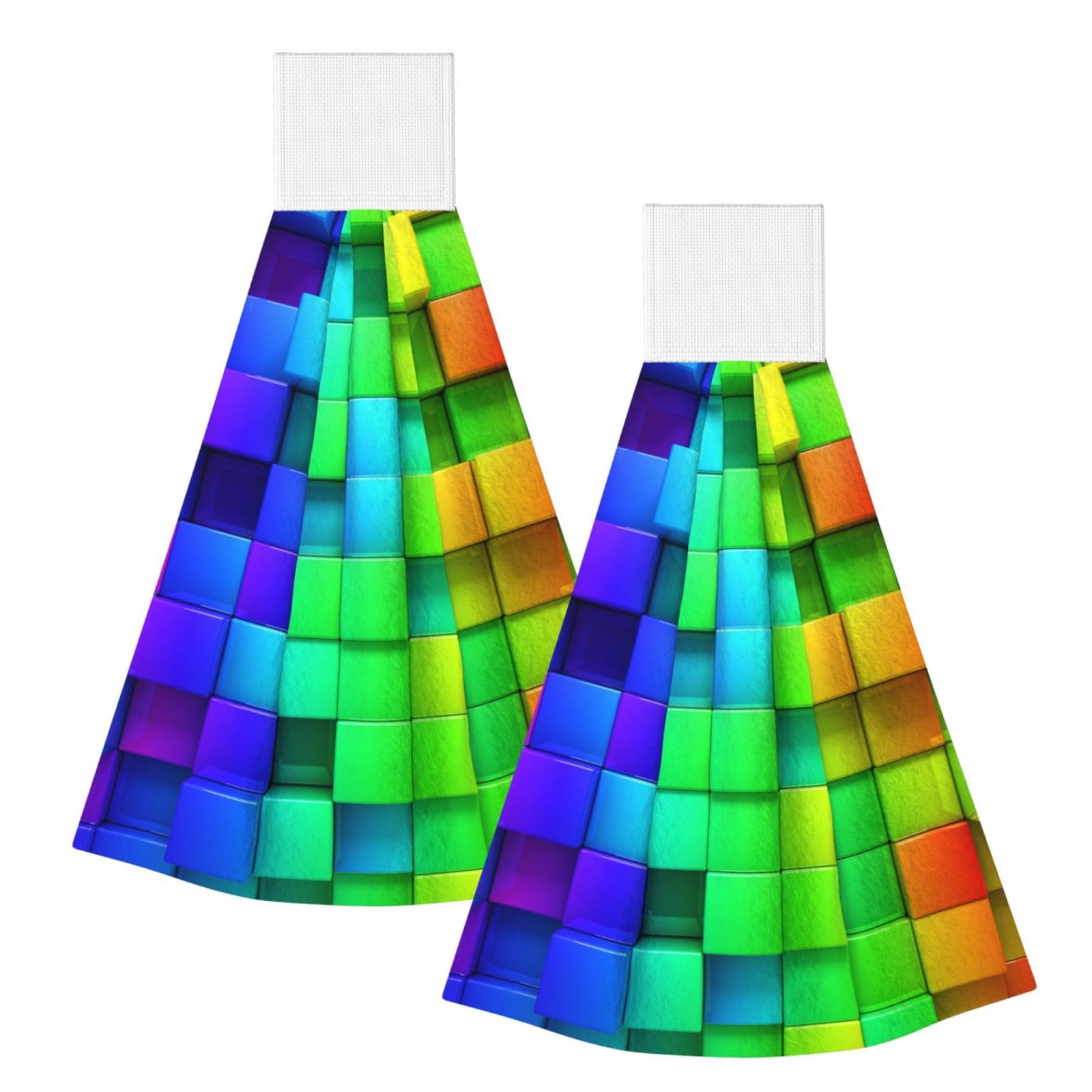 DOPKLNA Rainbow Color Plaid, 2 Pcs Hanging Coral Fiber Hand Towels for Bathroom, Absorbent Kitchen Towels