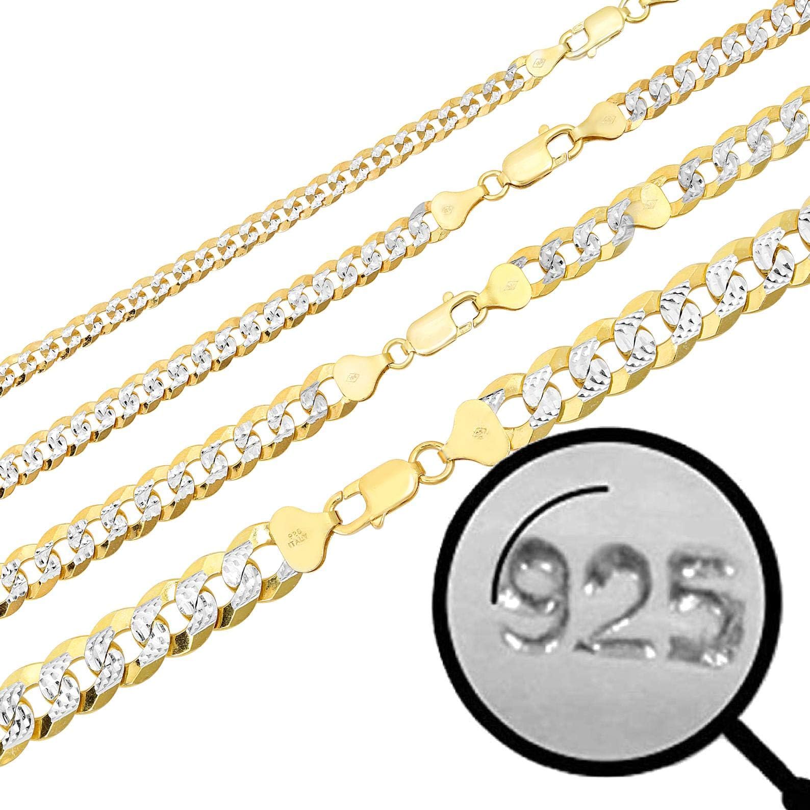 HarlemBling Men's Flat Cuban Chain - Two Tone Diamond Cut - 14k Gold Over Solid 925 Sterling Silver - Made In Italy - 5mm 6mm 8mm 10mm (28, 8mm)