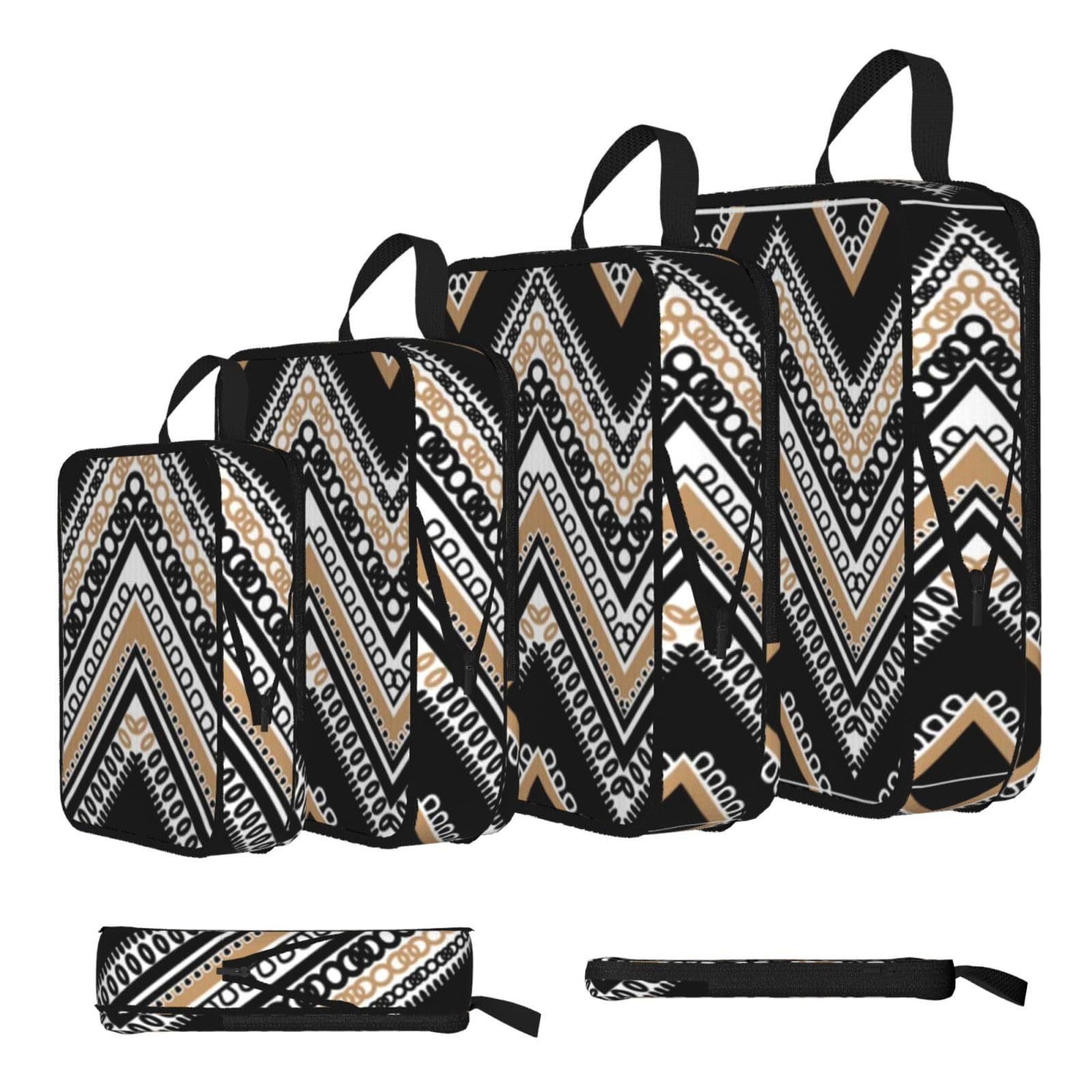 Black White Tan Zigzag Print Compression Packing Cubes 4-Piece Set With Multi- Compartment Travel Bag, Waterproof Suitcase Organiser Bags