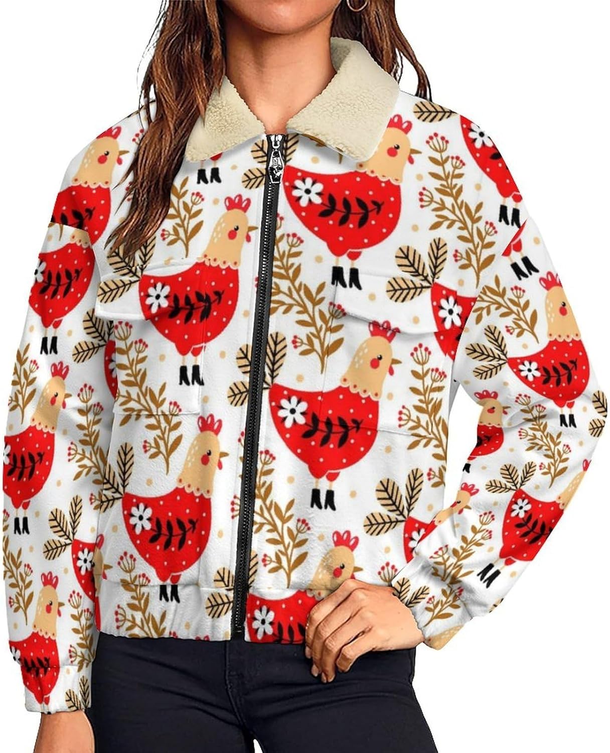 Yellow And White Chicken Jackets Womens Zip Up Sweatshirt Long Sleeve Warm Scrub Jackets Causal Pockets Stand