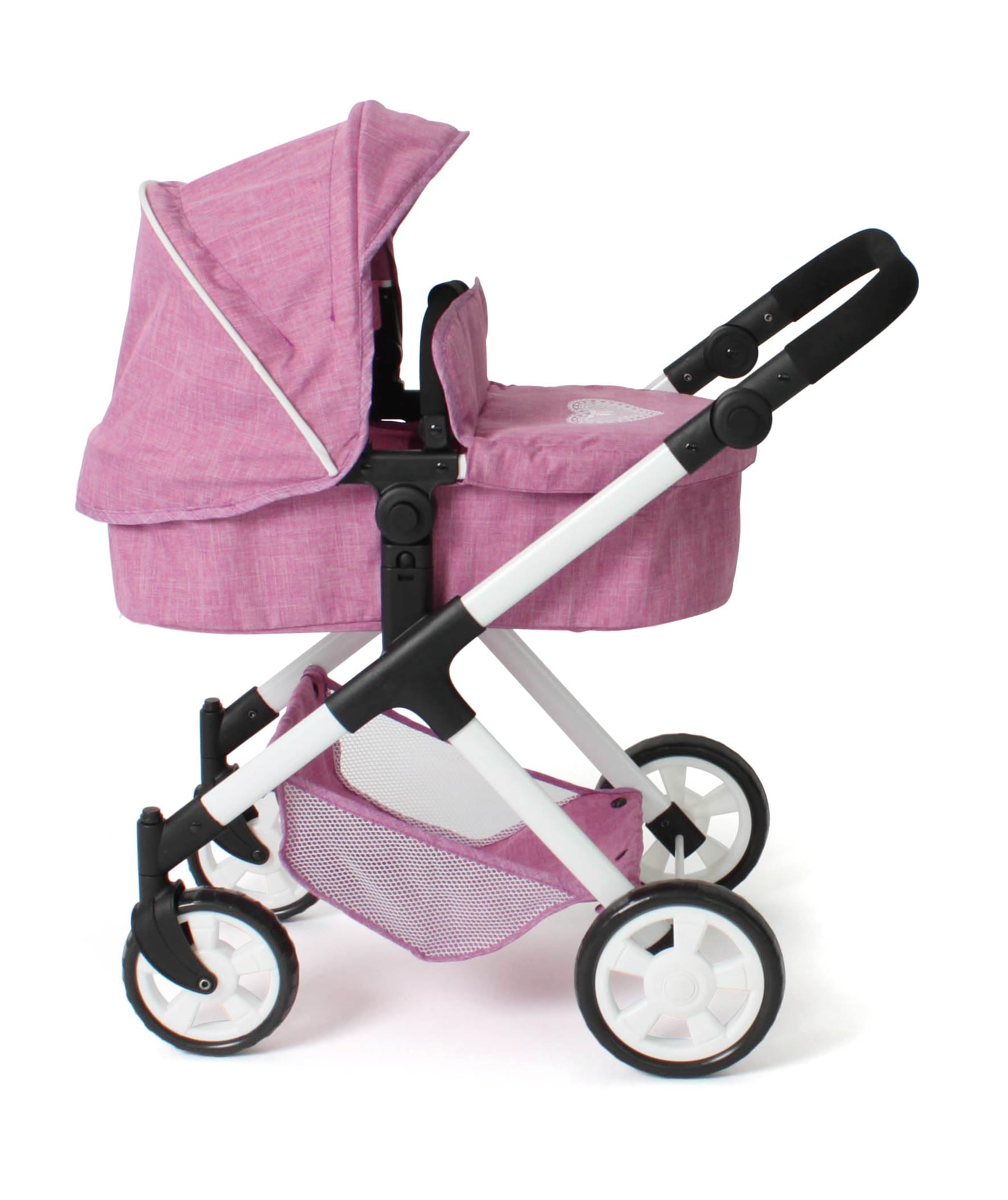 Bayer Chic 2000 2 w 1 wózek dla lalek Mila – dżinsy różowe – uchwyt z regulacją wysokości 39-72 cm – nowoczesny stelaż – lalki do 50 cm – 3-7 J.