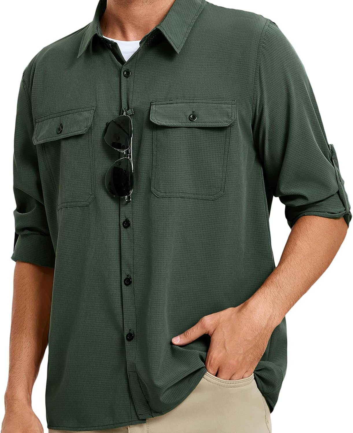 Men's UPF 50+ Sun Protection Fishing Shirts Long Sleeve Quick Dry Cooling Hiking Safari Button Down Shirt Roll Up Sleeve
