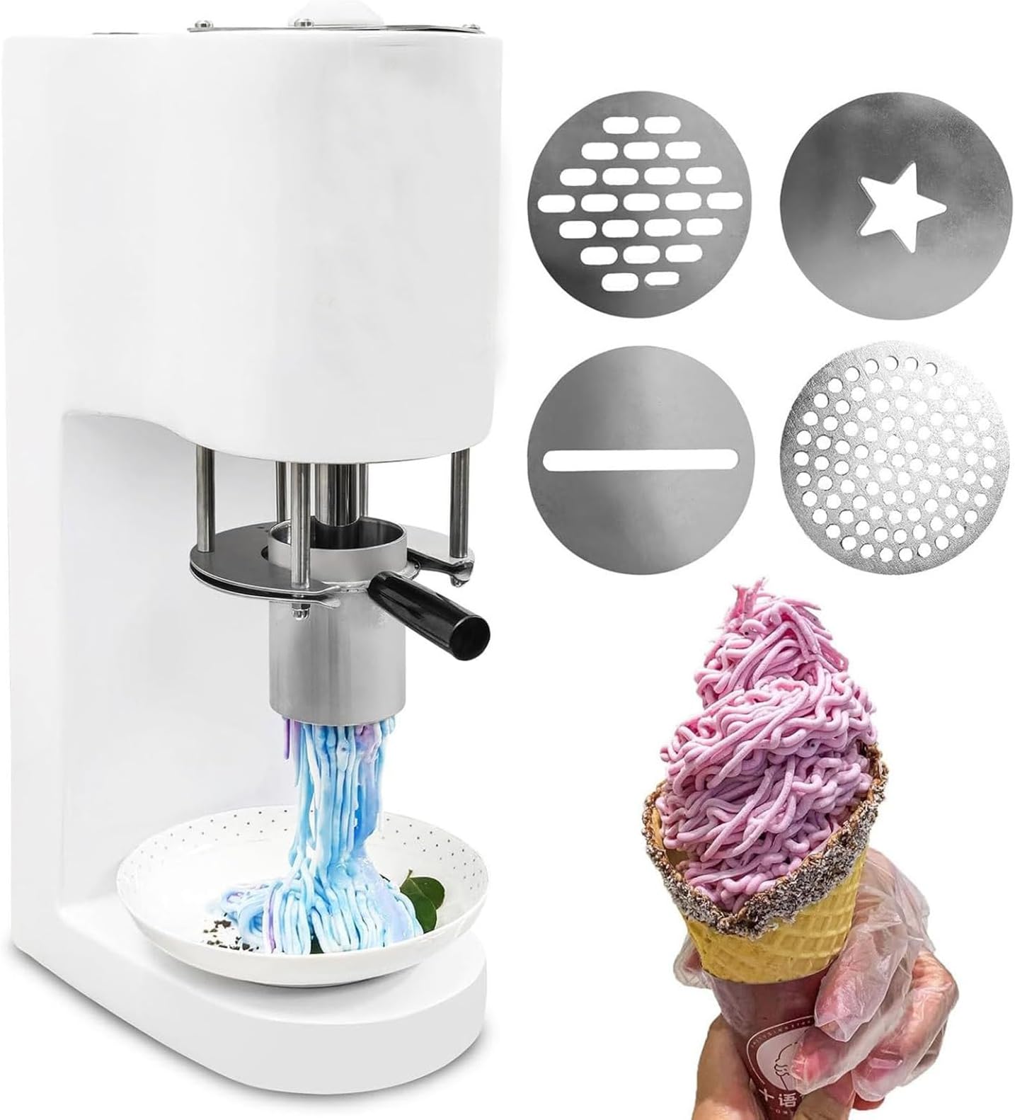 Commercial Spaghetti Ice Cream Maker,80W Electric Ice Cream Noodle Machine with 4 Mold,30L/H Handheld Electric Pasta Ice Cream Maker,Feed Hopper Capacity 420ml