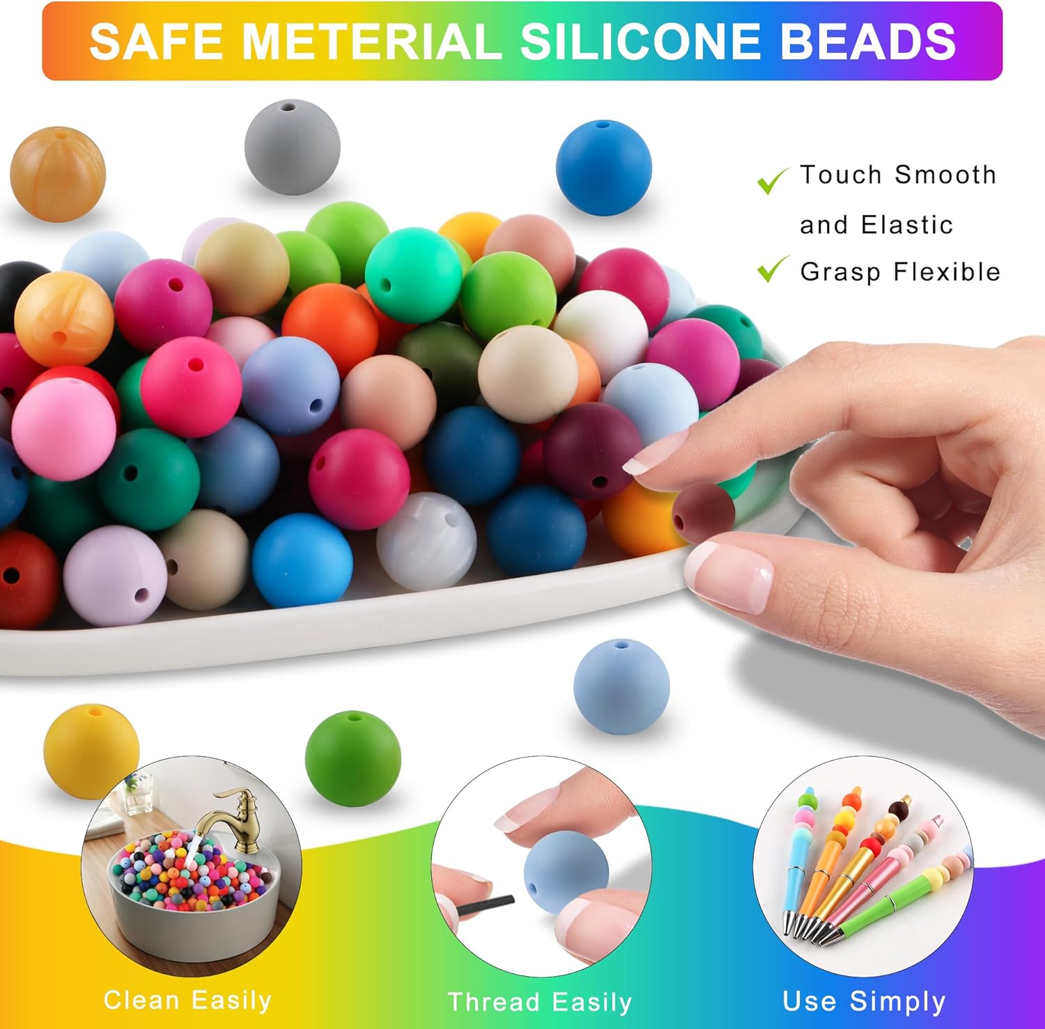 Sunrony Mixed Color Random 150PCS 15mm Silicone Beads for Keychain Making, Multicolor Round Silicone Beads for Pens and Necklace Bracelet Crafts Making - Image 6