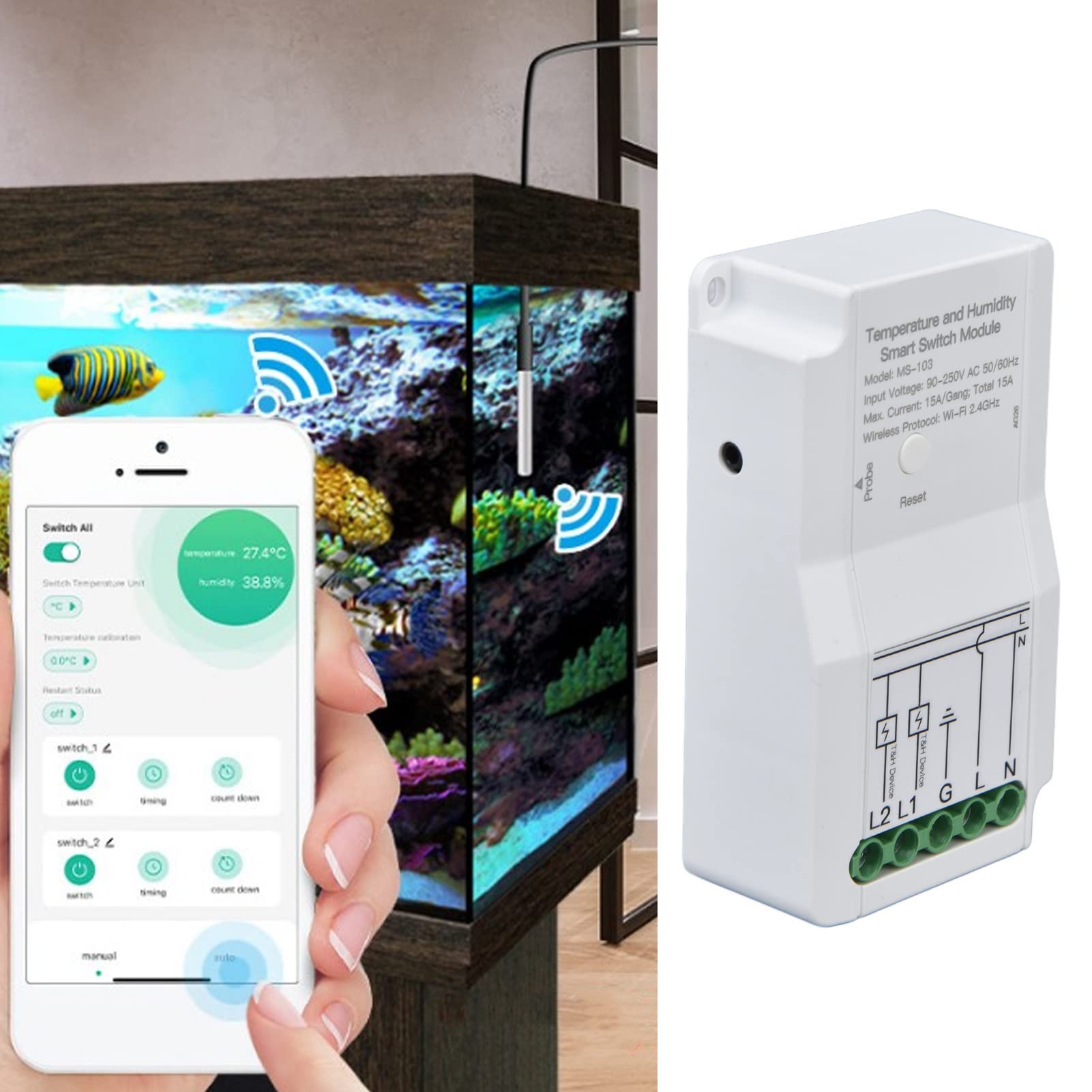 Interruttore Temperatura WiFi, Controllo Termostato Intelligente con Sonda Termica, Doppia Uscita Relè 90-250V per Terrario Umidificatore (Senza sonda di umidità)