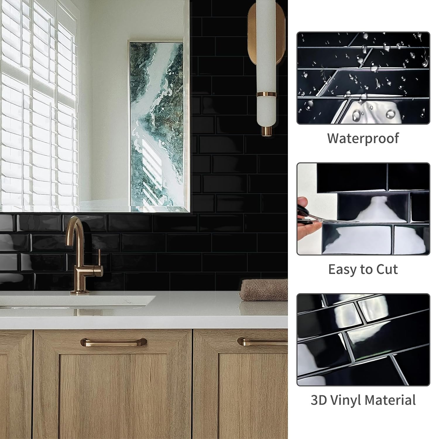10-Sheet Peel and Stick Backsplash Tile for Kitchen, 3D Marble Look Vinyl Self Adhesive Stick on Subway Wall Tiles for Bathroom Living Room 11.4"x8.2" Black