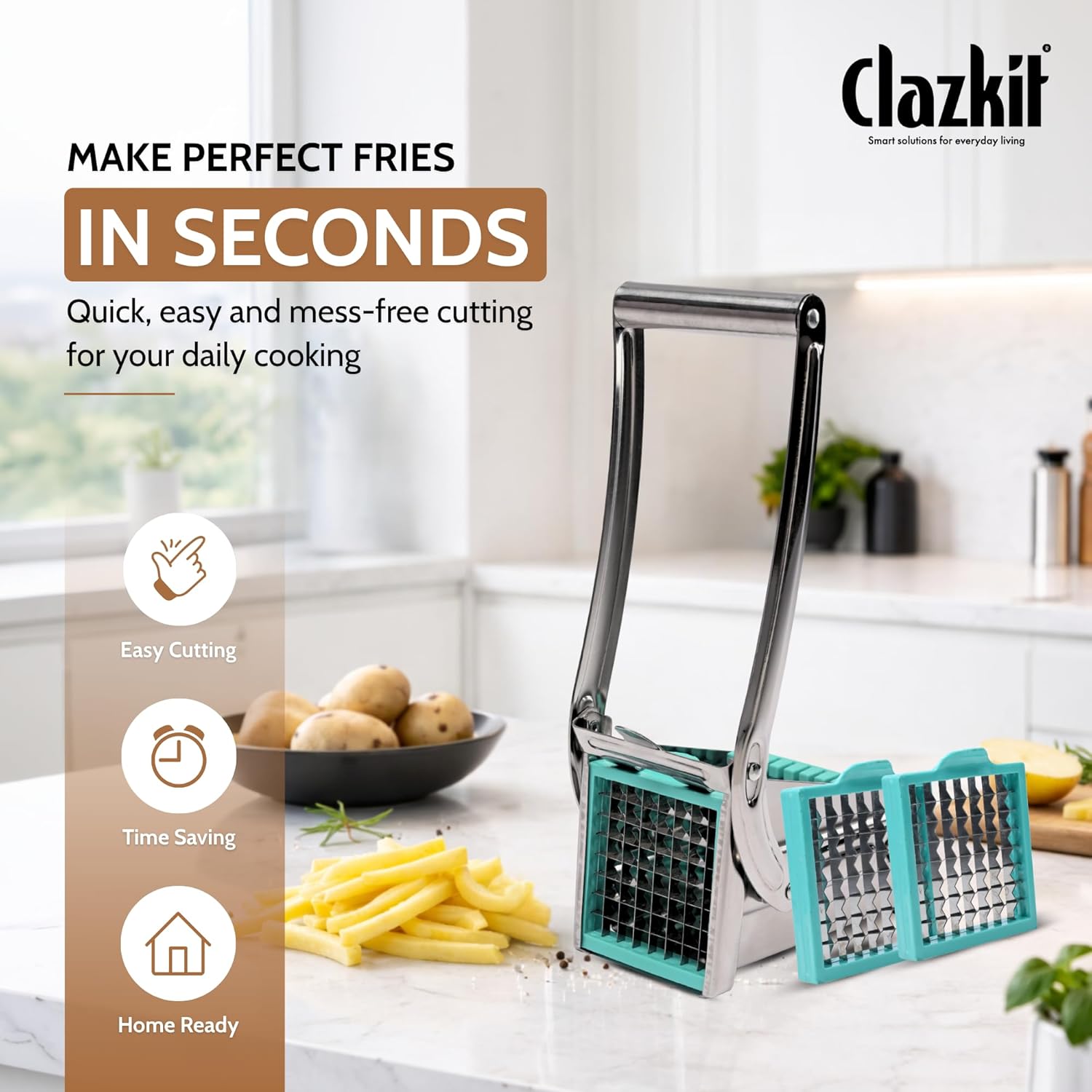 Clazkit Chopper Potato Chipser | French Fries | Chips Maker Machine | Potato Chips Maker | Green & White | French Fry Cutter Machine | Manual Chopper | Kitchen Cutter Tools