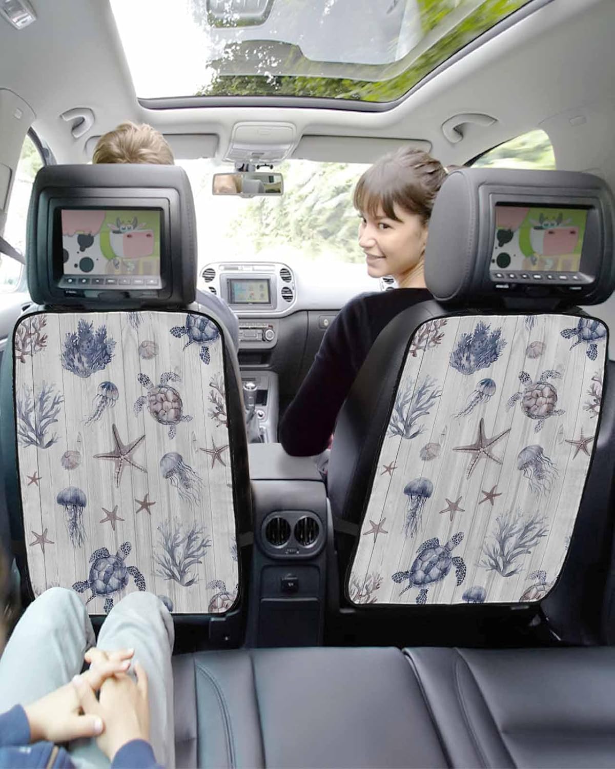 Car Seat Protector, 2 Pack Kick Mats Back Seat Protector Ocean Turtle Starfish Jellyfish Coral Rustic Wood Grain Waterproof Backseat Cover for Kids Universal Fit Automotive Interior Protectors