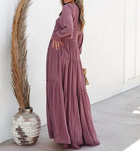 Miniatura 3 de R.Vivimos Vestido Maxi para Mujer de Manga Larga con Cuello en V, Cintura Imperio, Volantes en Capas, Estilo Boho, Casual, Vestidos Largos Fluidos