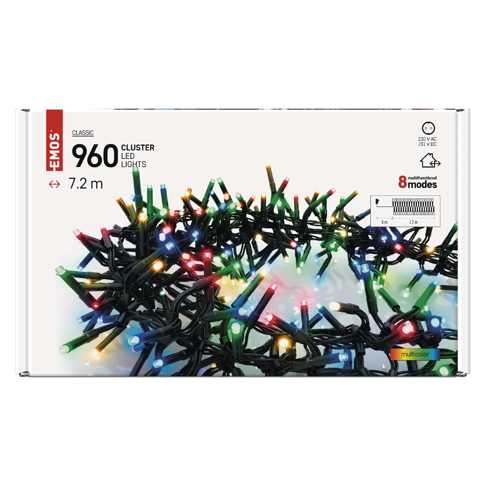 EMOS Kolorowy łańcuch świetlny LED do użytku wewnątrz i na zewnątrz, 7,2 m długości, IP44 z 960 diodami LED + przewód zasilający 5 m i zasilacz, efektowne tryby świecenia, na imprezę, Boże Narodzenie,