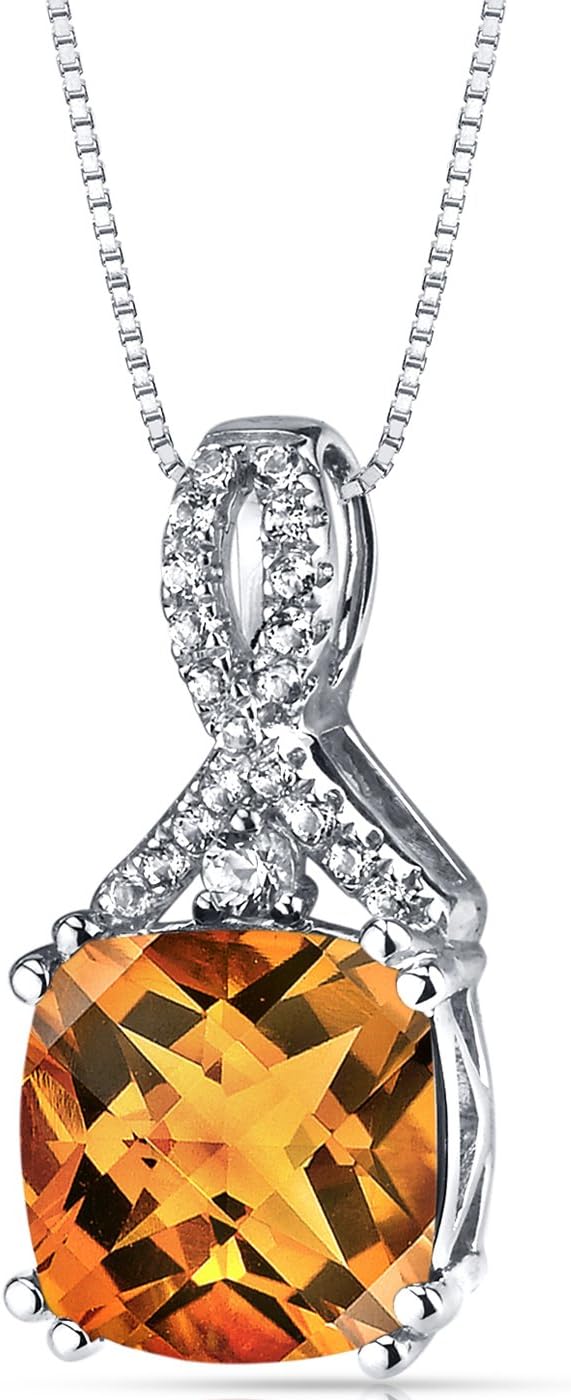 PEORA 14K White Gold 2.75 Carats Citrine and White Topaz Open Infinity Pendant for Women, Genuine Gemstone, AAA Grade Cushion Cut 9mm, November Birthstone Citrine Necklace, Real Citrine Necklace