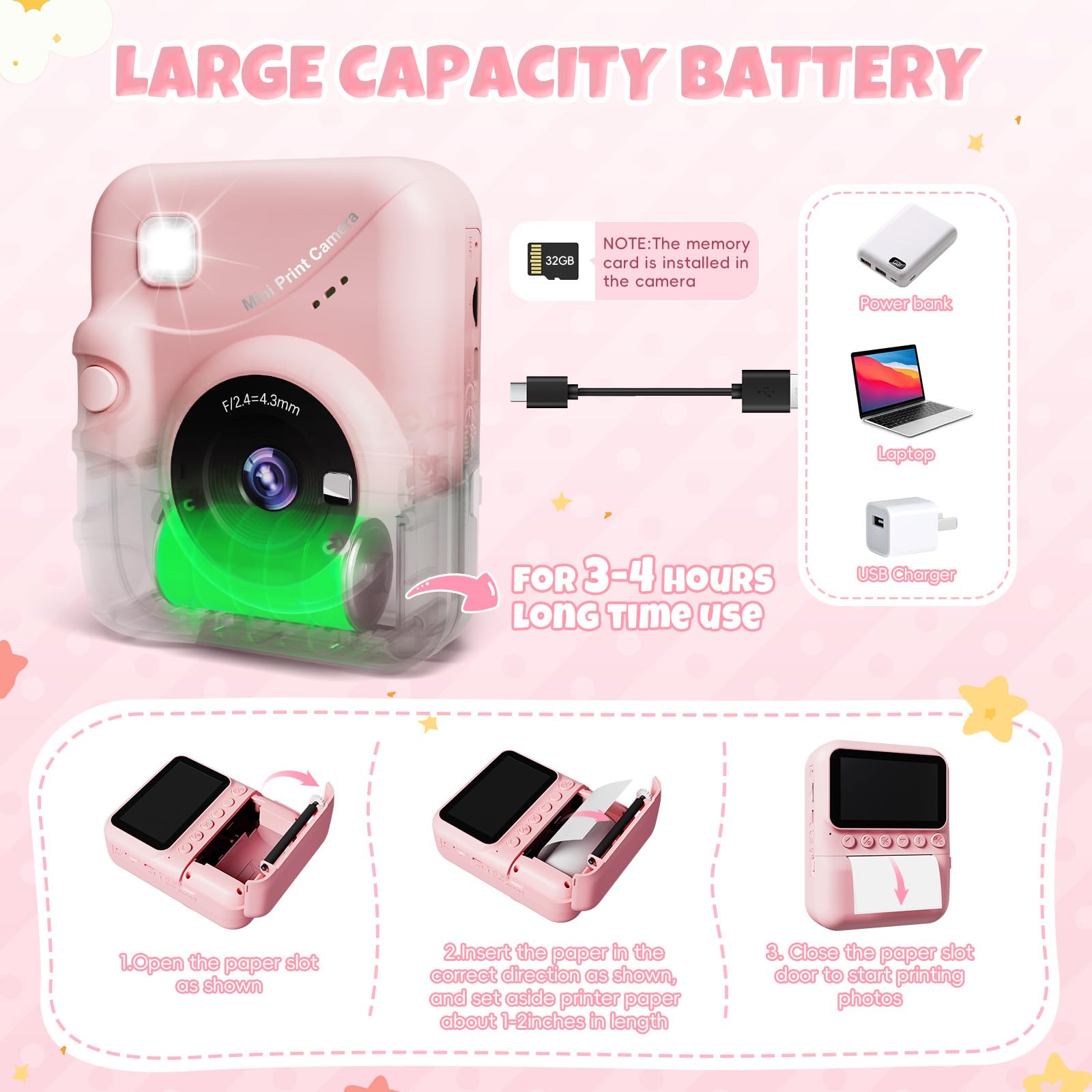 CalineGam Sofortbildkamera Kinder, 3,0 Zoll Bildschirm 48MP Kinderkamera Sofortbildkamera mit 32 GB-Karte, 1080P HD Kamera Kinder Sofortdruck, Geschenk für 3-12 Jungen und Mädchen (Rosa)