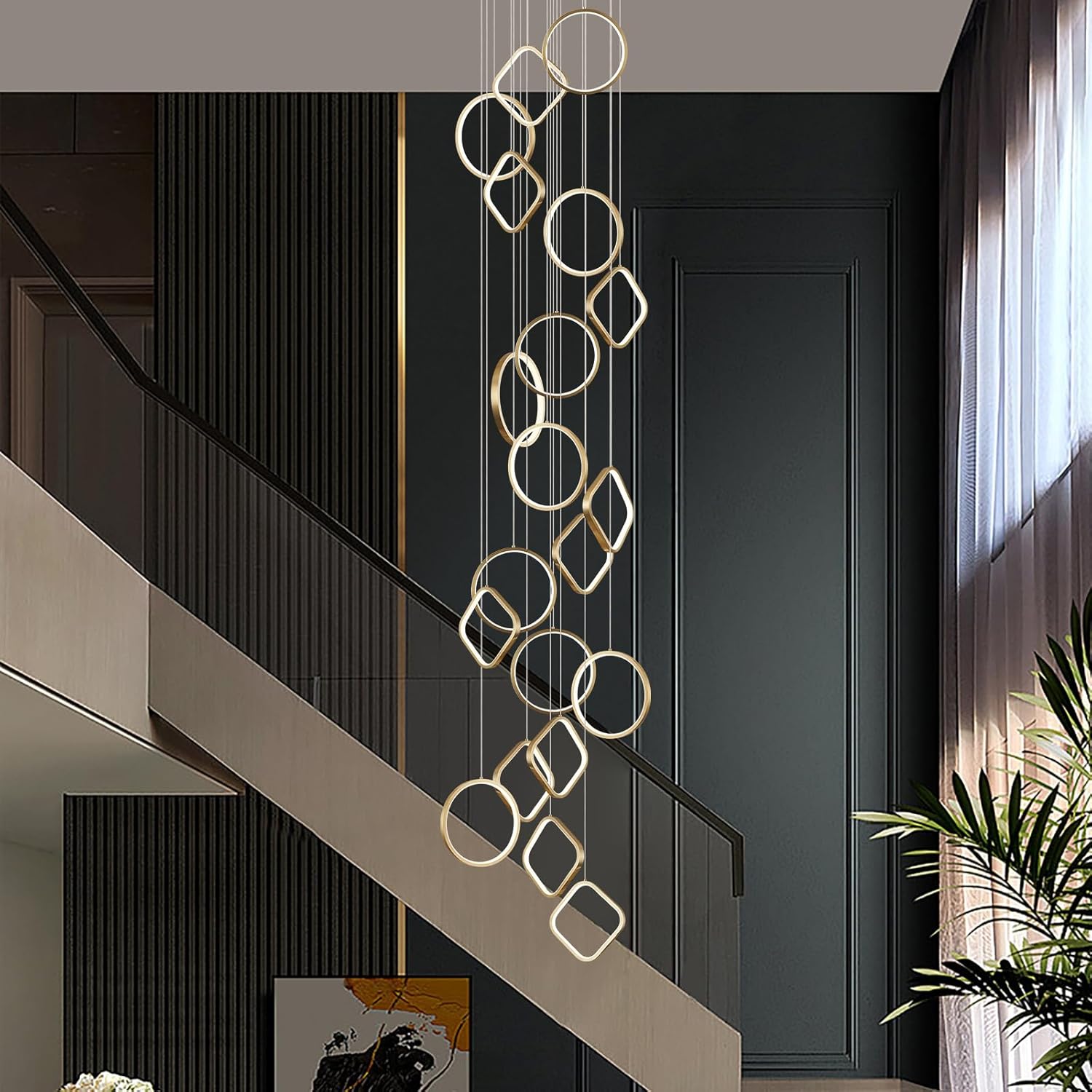 Modern LED Chandelier 20-Light Gold Chandeliers for High Ceiling Dimmable Foyer Chandelier with Remote Control Large Long Chandeliers for Staircase Living Room Entryway, 3000-6500k