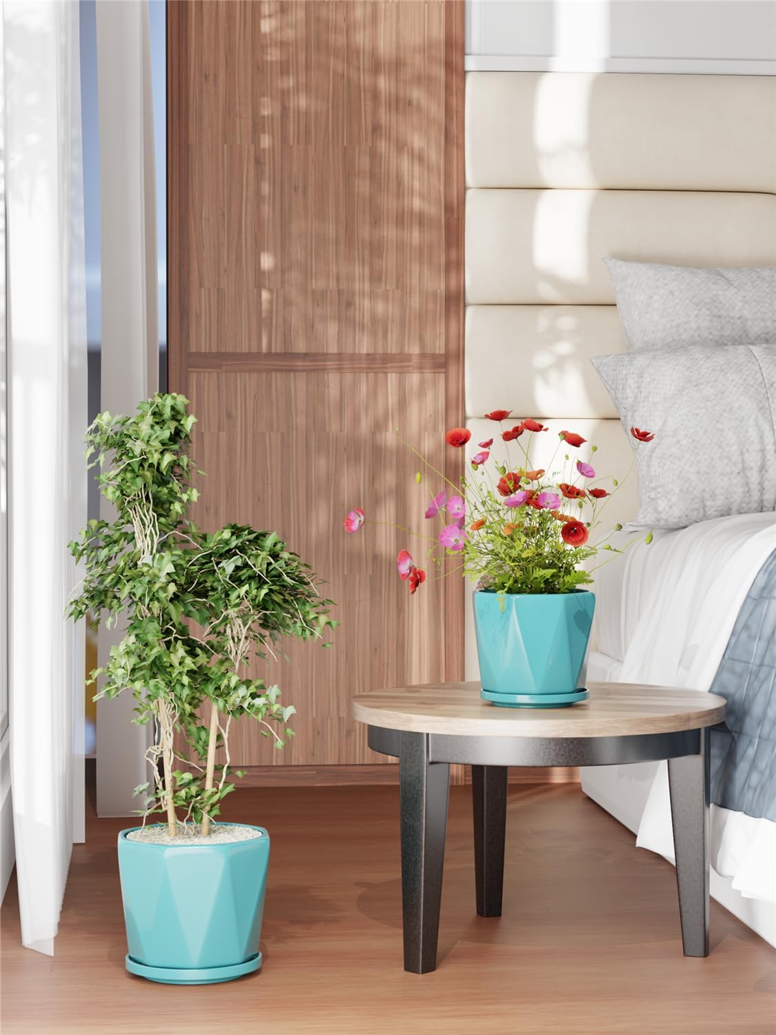 Ceramic Plant Pots Indoor, 8.6+7.1+5.5 Inch Planters with Drainage Holes and Saucers Set of 3 Large Flower Pots, Mint Green