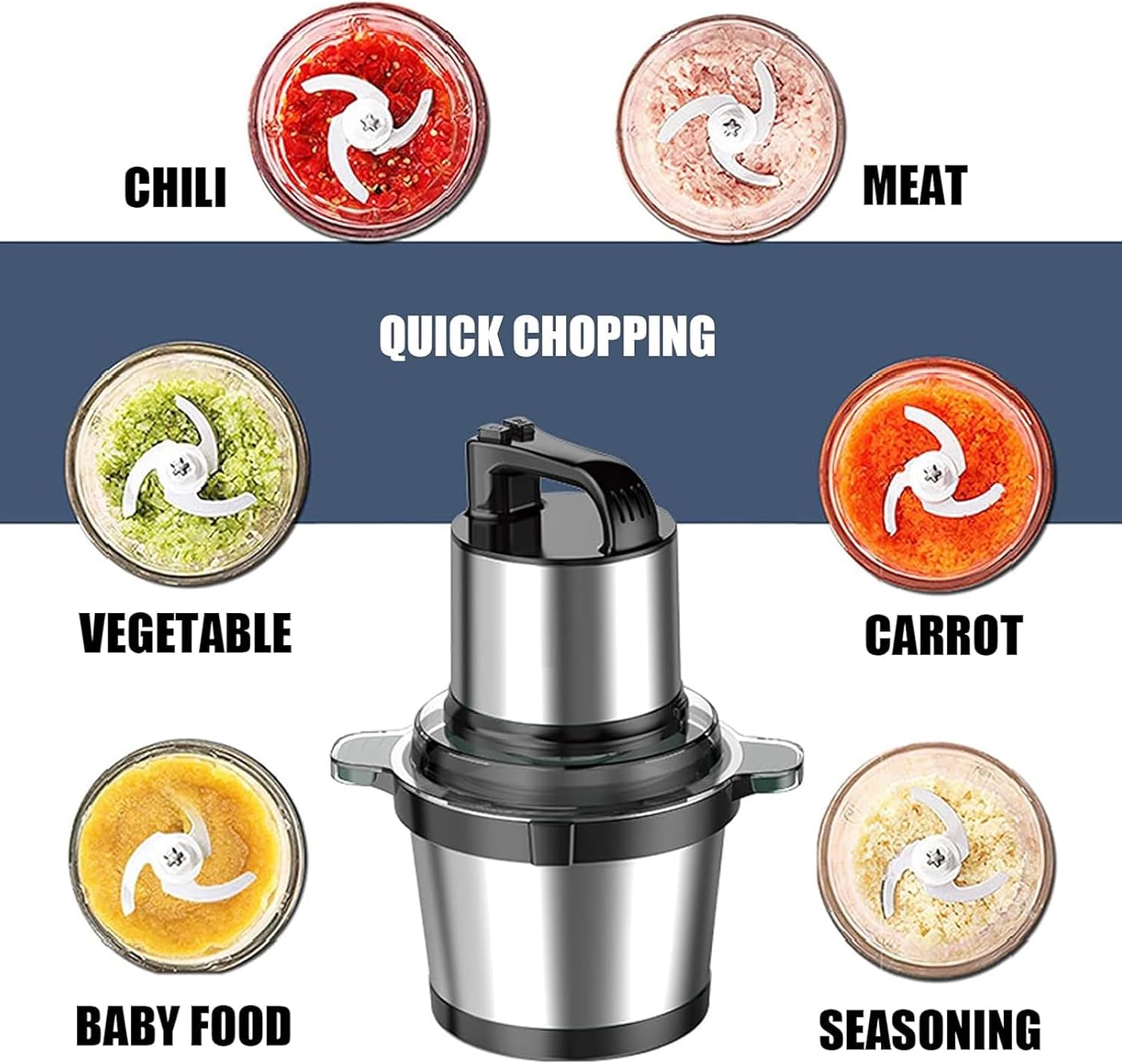 Electric Grinder Chopper Mincer 800W, Stainless Steel, Silent Operation Food Processor for Meat, Vegetables, Fruits, Onion and Nuts, Kitchen Cooking Machine 4L