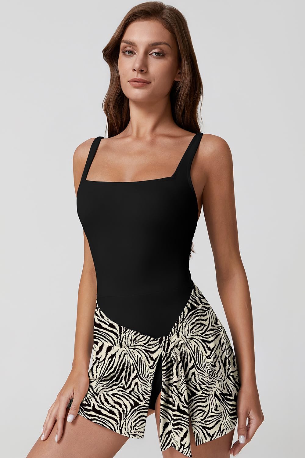 QINSEN Square Neck Swim Dress for Women Tummy Control One Piece Swimsuit Wrap Bathing Suit