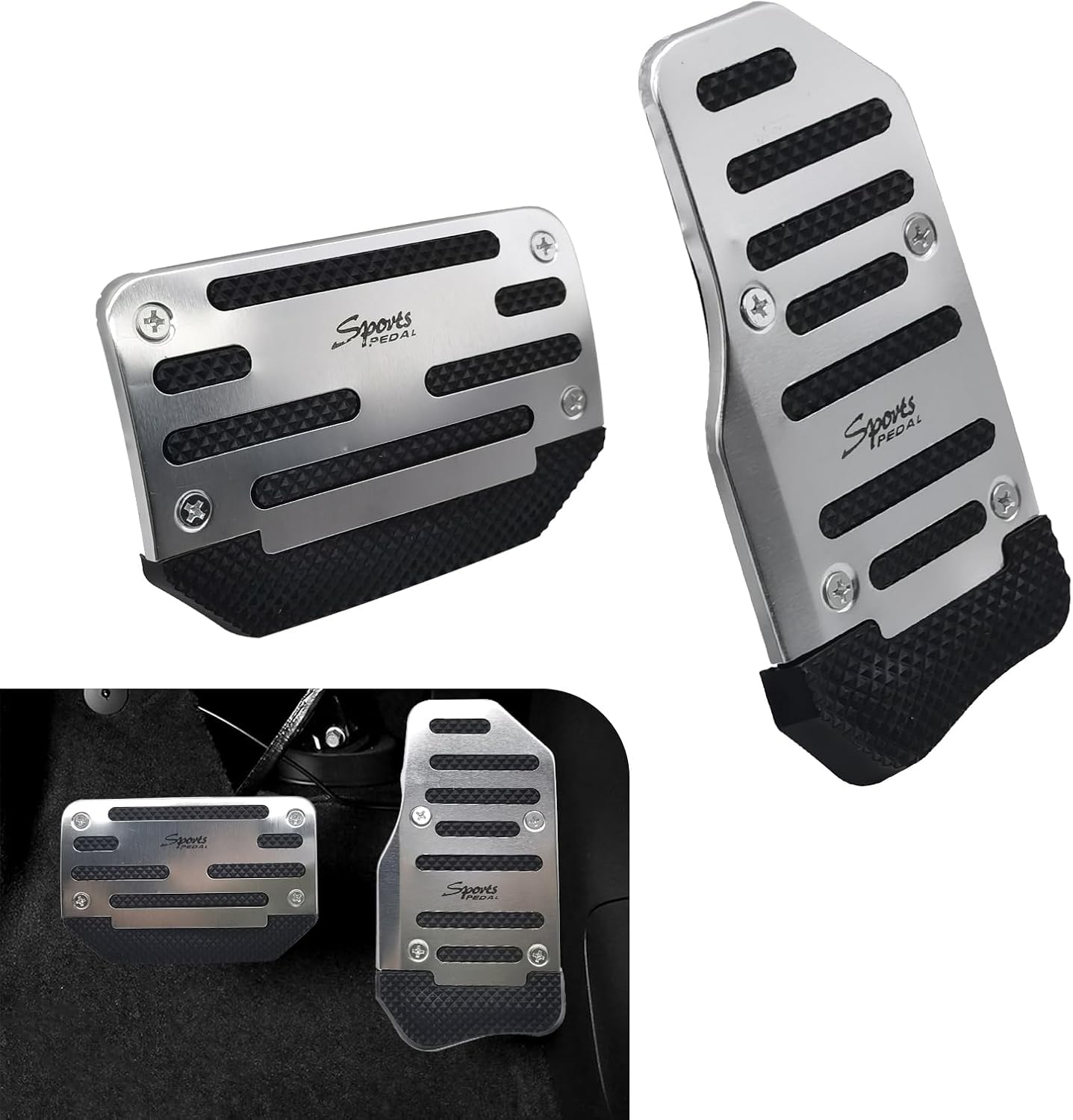 2 PCS Car Brake + Throttle Foot Pedals Kit, No Drilling Required Alloy Sports Decoration, Upgraded Anti-Slip Rubber Strip Foot Pedal Cover, Universal for Automatic Transmission Cars (Silver)