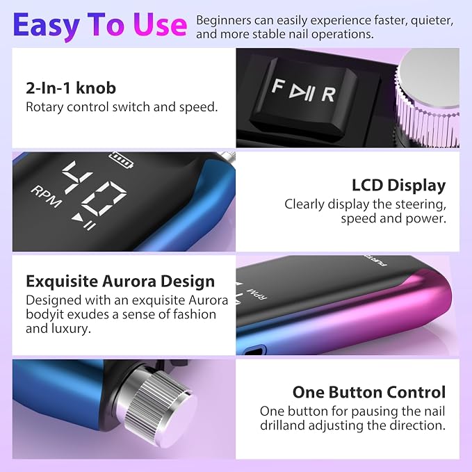 Pulidor de uñas profesional con motor de 40,000 RPM recargable y pantalla LCD miniatura 6