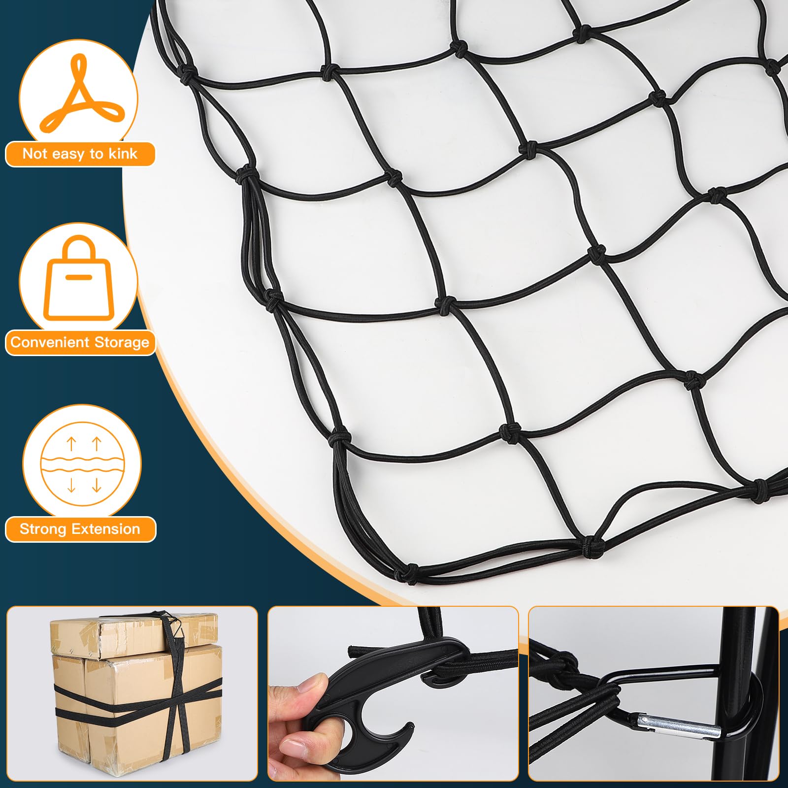 Efuturetime Luggage Net Car Extendable From 1.2 M X 1.8 M To 2.4 M X 3.6 M, Load Securing Net 5 Mm With 12 Carabiner Hooks, 12 Hooks, 2 Tie Down Straps