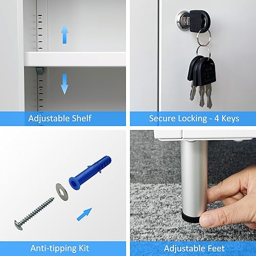 Miniatura 5 de Armario de almacenamiento de metal con puertas de bloqueo y 2 estantes ajustables, armario de almacenamiento con cerradura para oficina en casa,