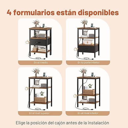 Miniatura 5 de SUPERJARE - Mesita de noche con estación de carga, con cajón de tela ajustable, para dormitorio, mesa auxiliar de almacenamiento de 3 niveles