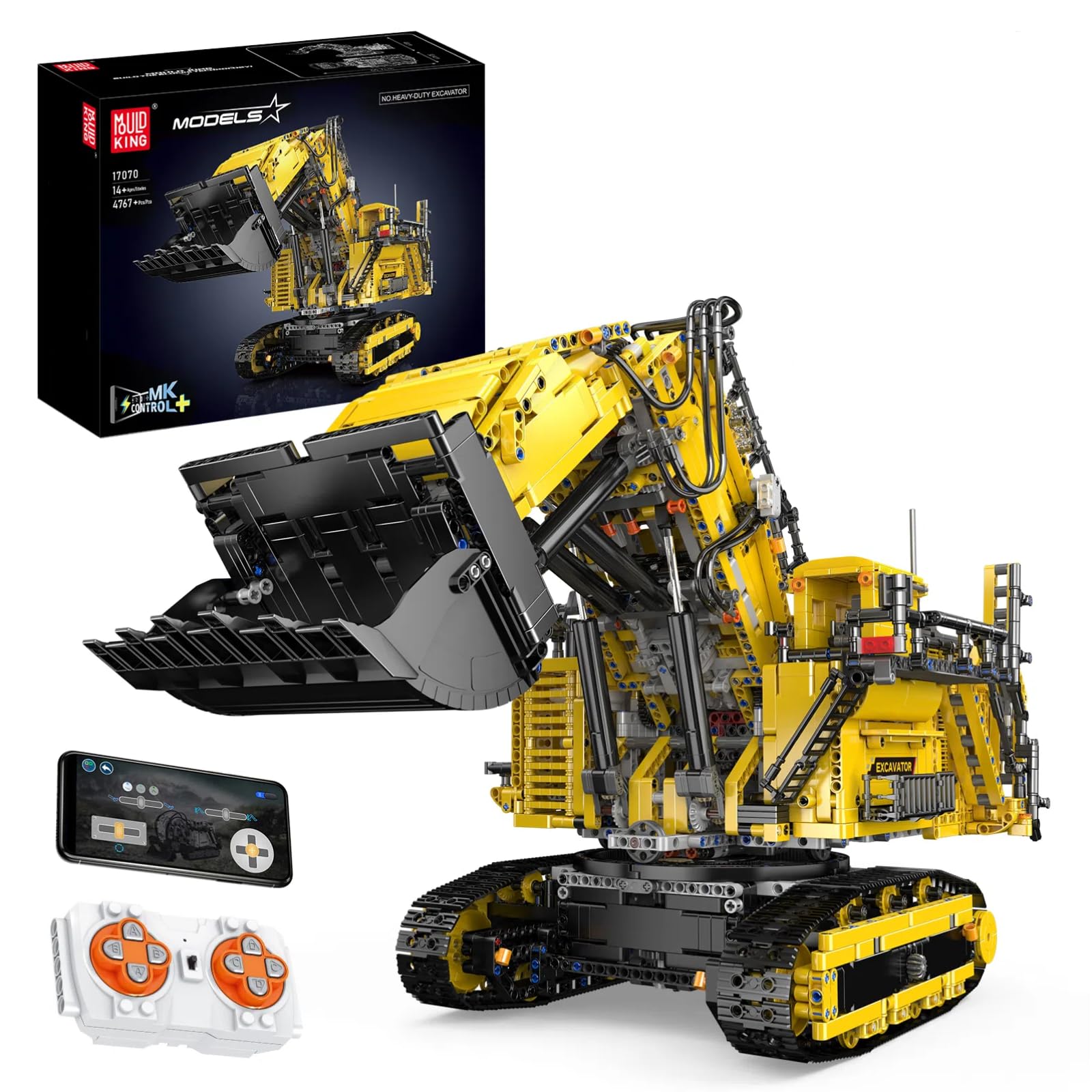 Mould King 17070 RC Excavator Building Set for Adults, 4767 Pieces Truck Construction Vehicle Model, APP Remote Control Truck with Engines, STEM Engineering Toys