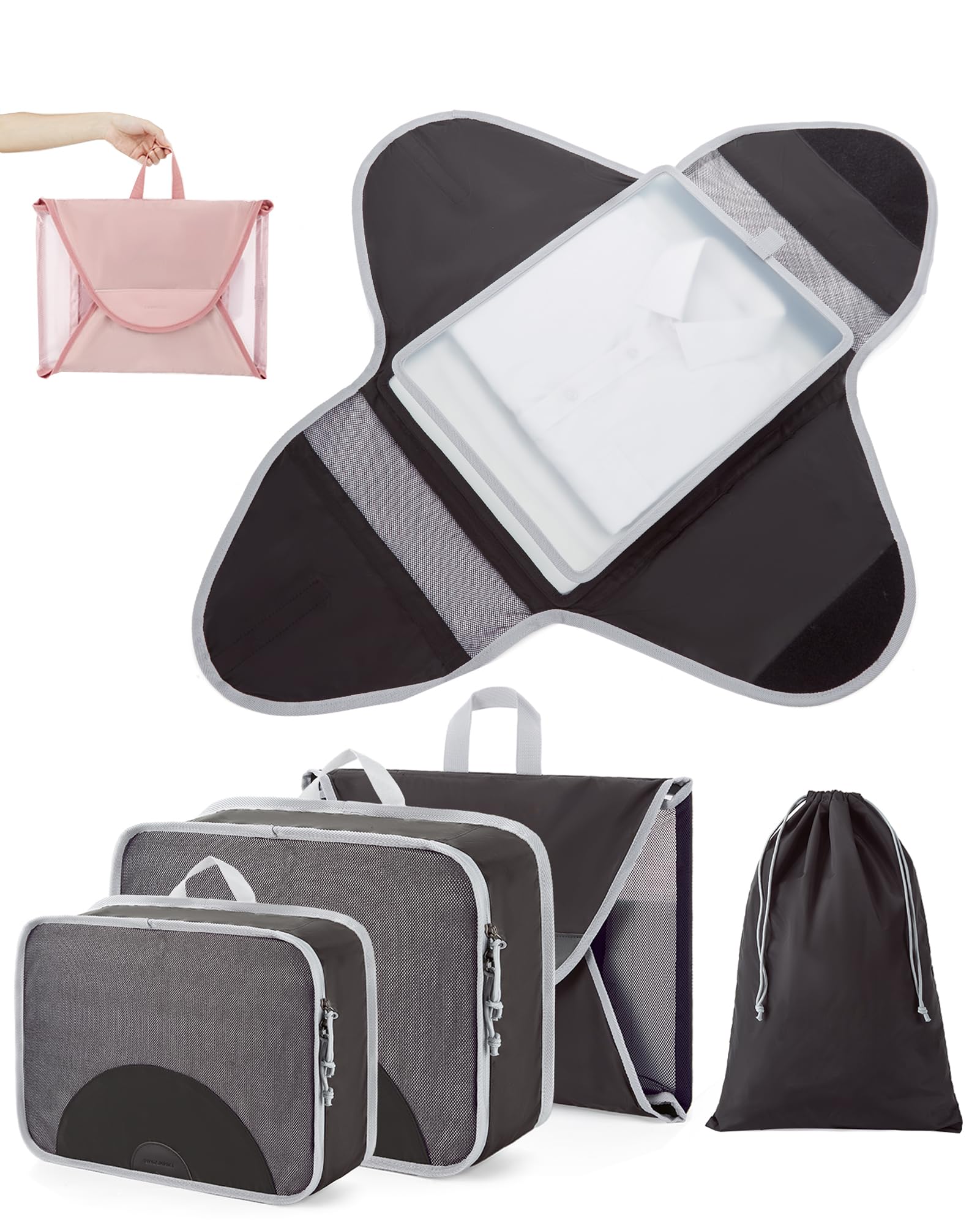 BAGSMART Garment Folder Packing Cubes for Travel, 4 Set Lightweight Travel Cubes for Wrinkle Free, Durable Suitcase Organizers Bag Set for Travel Essential Black