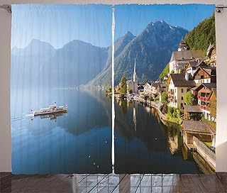 Ambesonne Landscape Curtains, Hallstatt Lakeside Town of Traditional in Ship in The Morning Austrian Panorama, Living Room Bedroom Window Drapes 2 Panel Set, 108" X 108", Multicolor