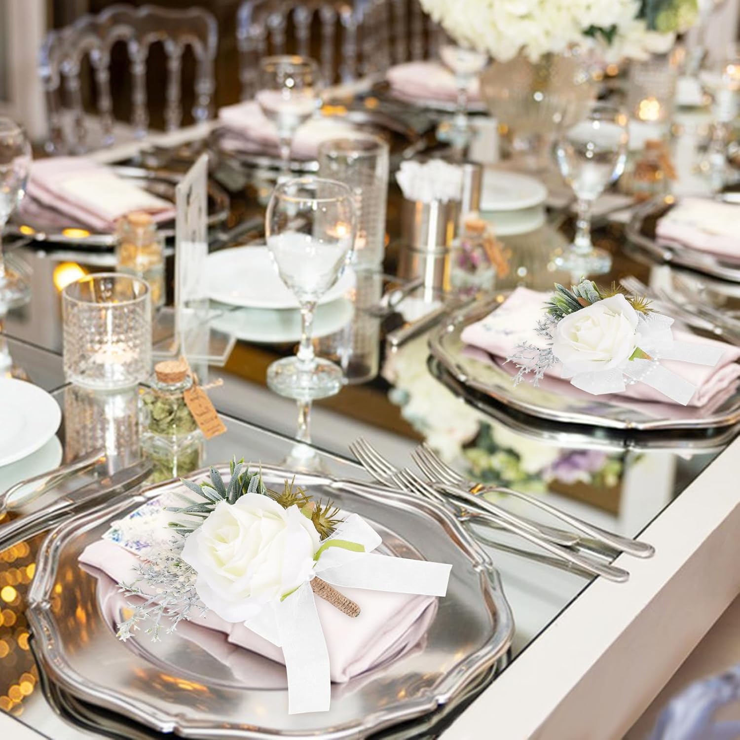 2 Pack White Corsage Wristlet and Boutonniere Set Handmade Artificial Bracelet Button Holes Rose Flower Bracelet White Boutonniere Prom Flower Corsage for Wedding, Ceremony Anniversary