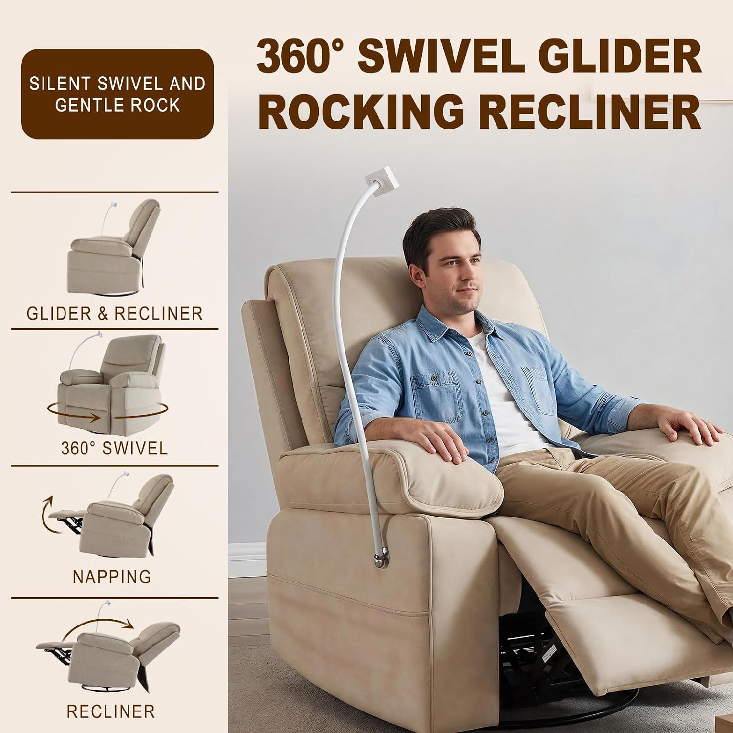 360° Swivel Glider Rocking Chair Nursery， Oversized Recliner with Phone Holder，Nursing Chairs for Breastfeeding with Wide Foot Rest for Living Room and Baby Room,Linen