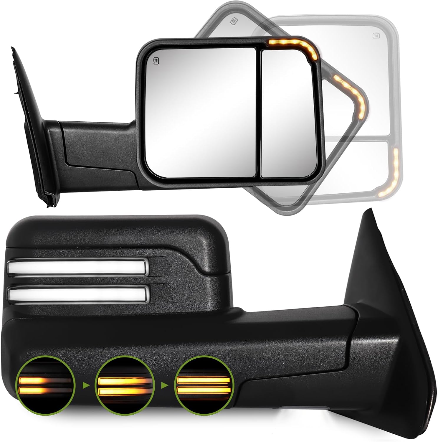 Towing Mirrors for 2002-2008 Dodge Ram 1500/2003-2009 Ram 2500 3500 with Switchback Dynamic Turn Signal/Running Lights, Puddle Lamp, Heated Power Glass, Manual Flip-Up