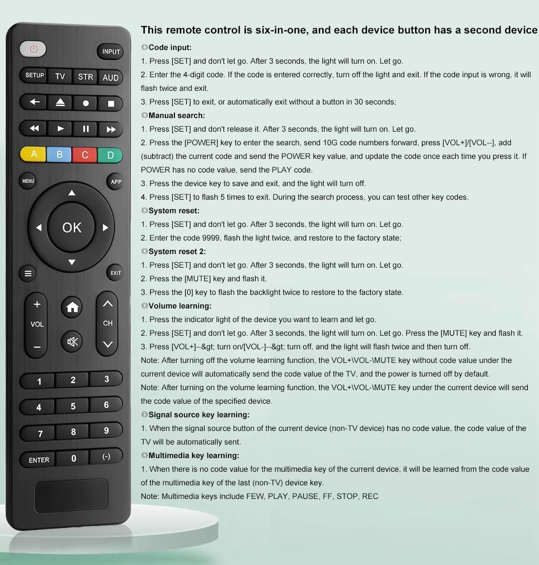 Detailed instructions for various remote programming methods including Code Input, Manual Search, System Reset, Volume Learning, Signal Source Key Learning, and Multimedia Key Learning.