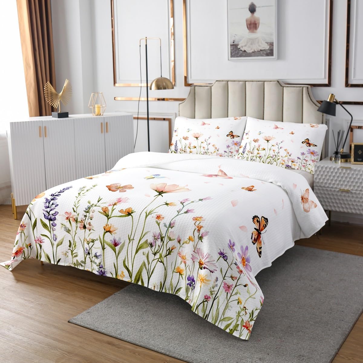 jejeloiu Floral Bedspread Twin Size Butterfly Coverlet Set Flower Quilted Coverlet for All Season with 1 Pillowcase Blossom Microfiber Lightweight