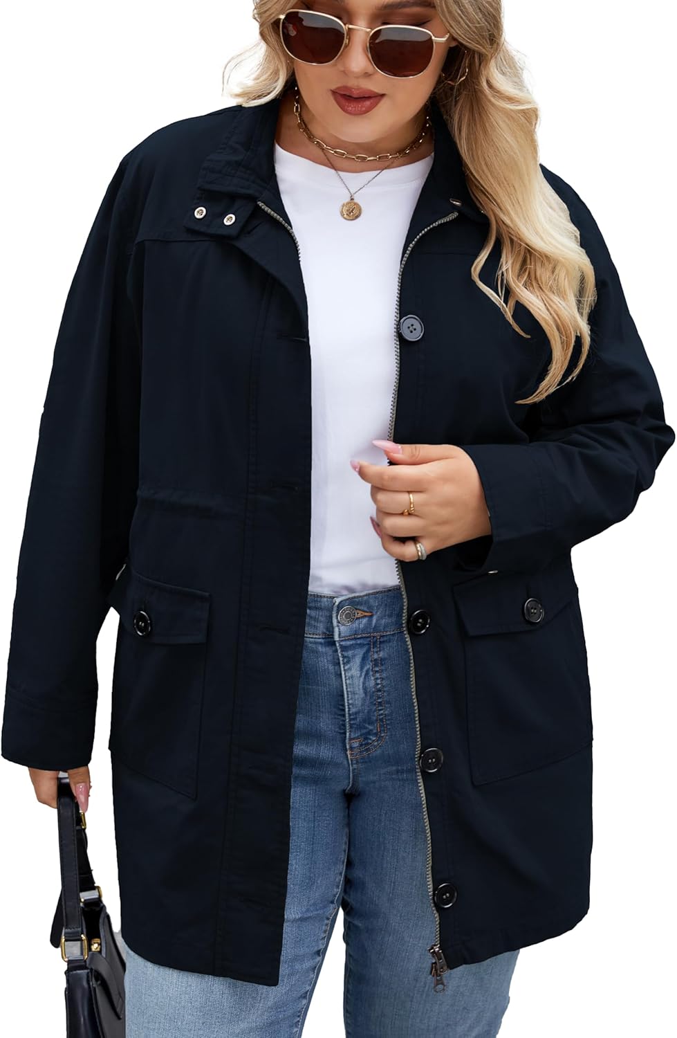 Women's Plus Szie Jacket,Button Front Closure, Casual Field Style,keep warm handiness