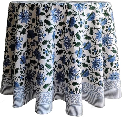 ATOSII Taj Mantel redondo 100% algodón, estampado floral a mano, para cocina, comedor, lino, fiestas, bodas, exteriores, 90 pulgadas, redondo