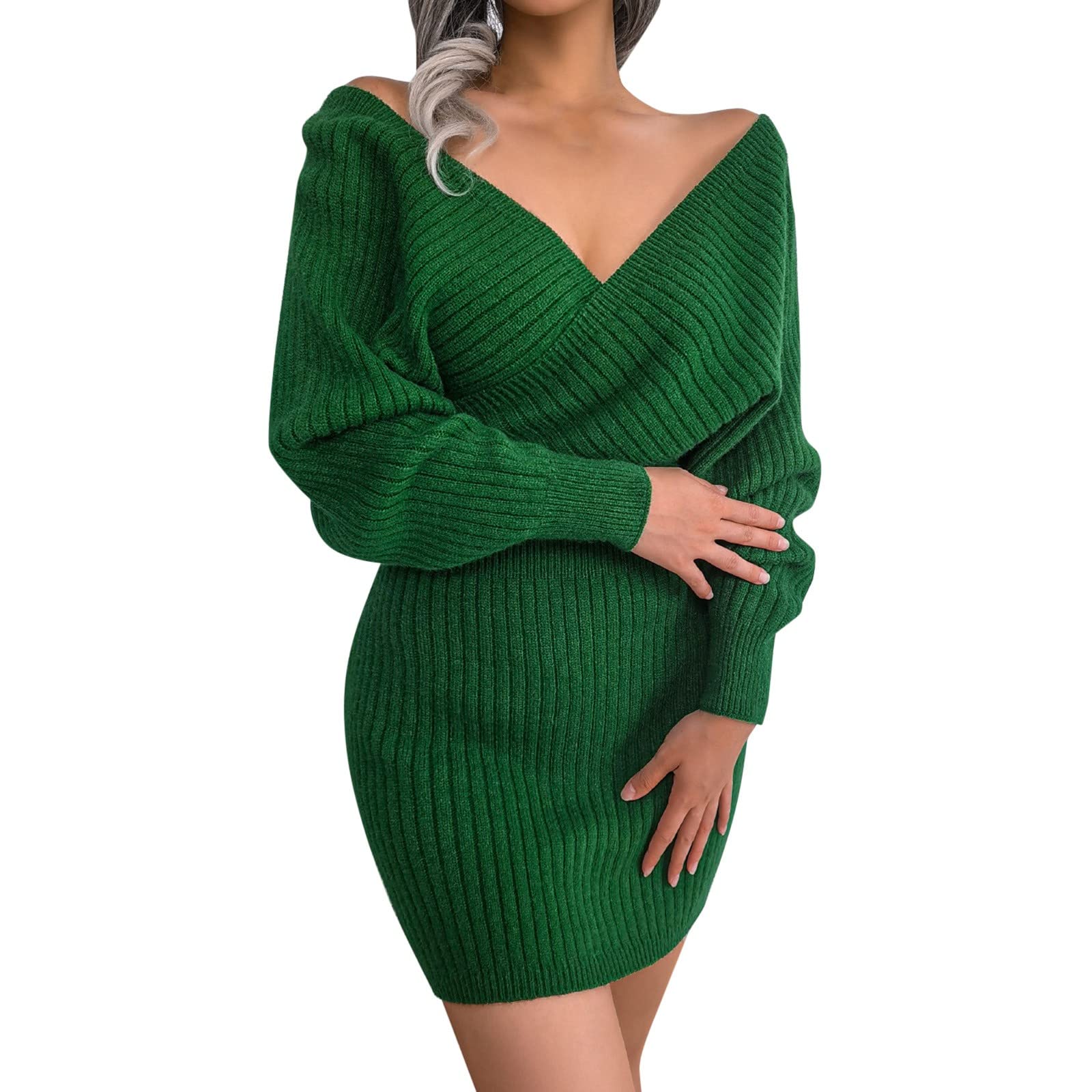 Mini pullover da donna sexy con scollo a V e gonna a pipistrello in lana a maniche lunghe