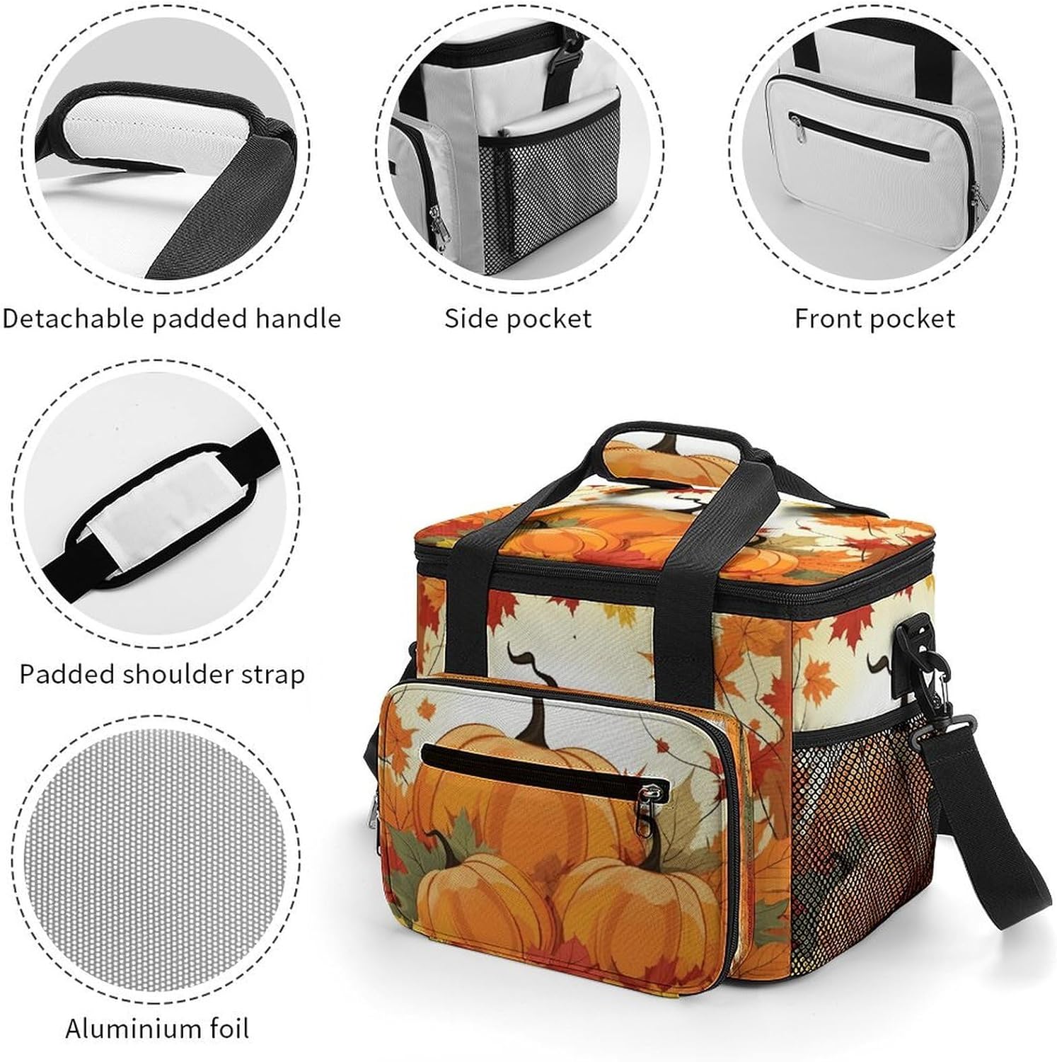 Autumn Pumpkin Maple Leaves Cooler Bag Portable Insulated Lunch Bags Leakproof Ice Chest Large Capacity Soft Cooler Tote for Picnic Camping Work Travel Keep Food Drinks Fresh 22.5L