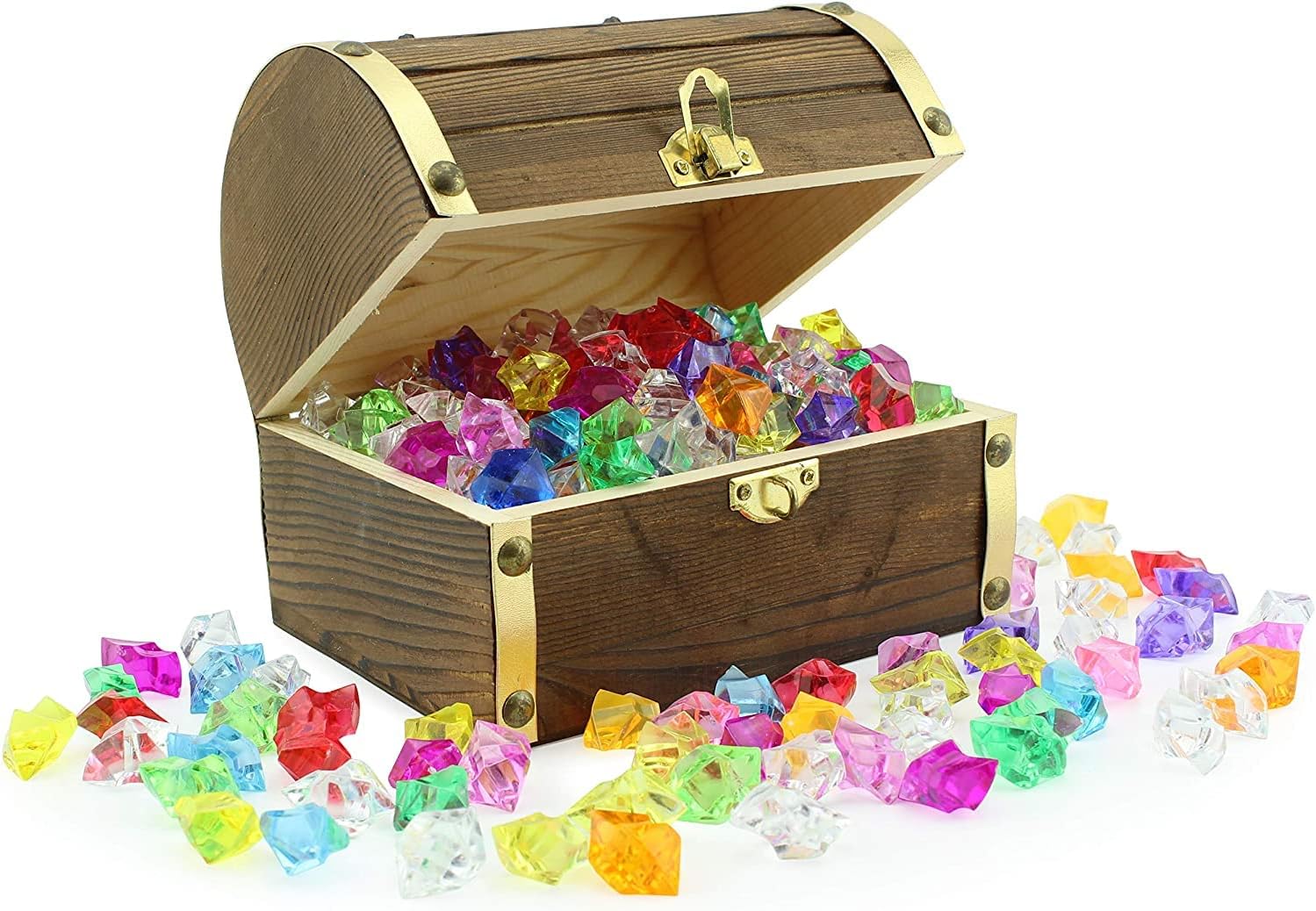 Attatoy Wooden Pirate Treasure Chest with 240 Colored "Jewels" (Plastic Gems); 6" x 4.5" x 5" Antique Style Wood Box; 1 Lb. Acrylic Gemstones