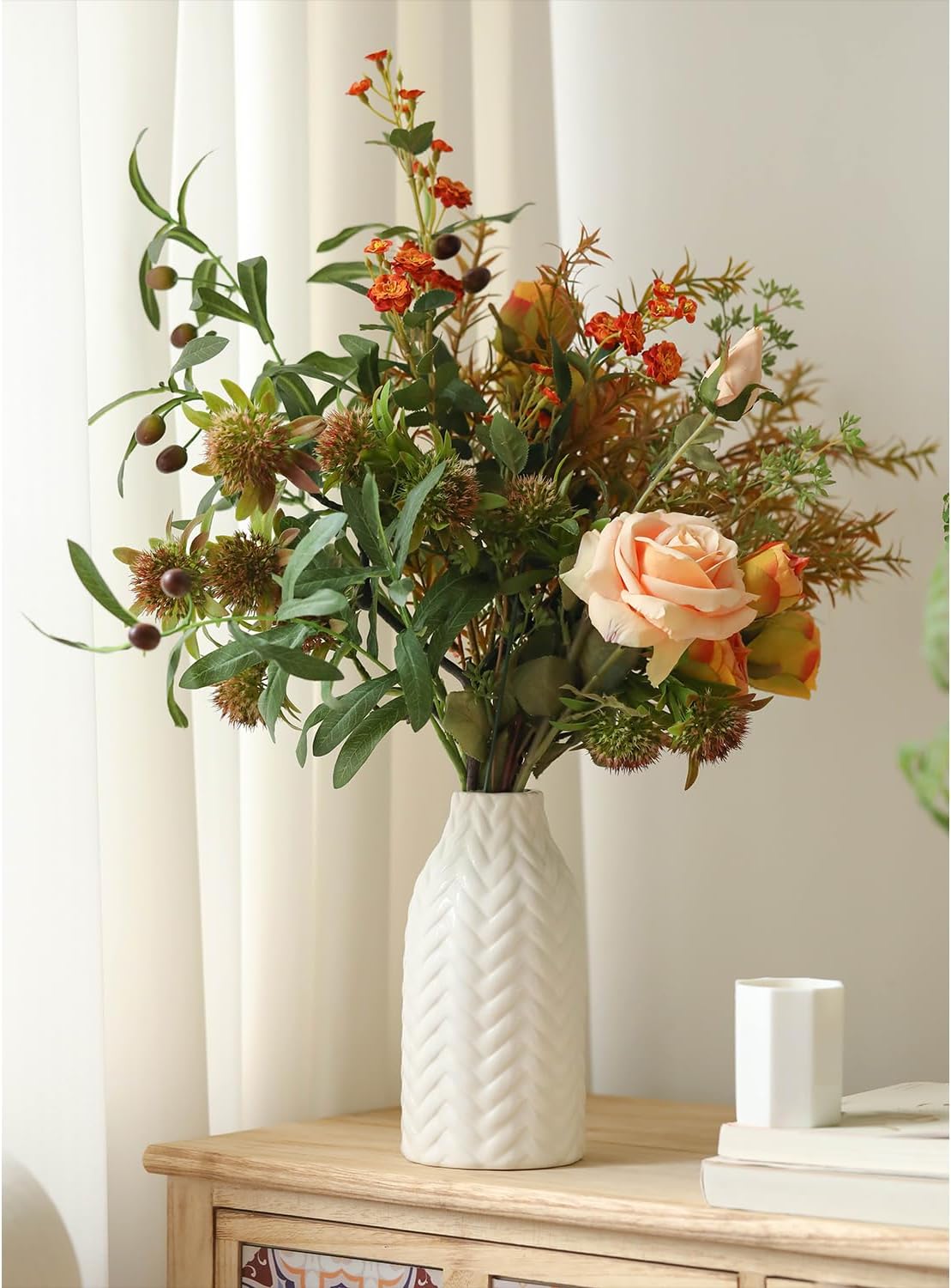 White Embossed Ceramic Vase, 8 Inch Decorative Vase for Home Decor, Watertight Vase for Fresh or Dried Flowers, Boho Farmhouse Table Centerpiece - Image 3