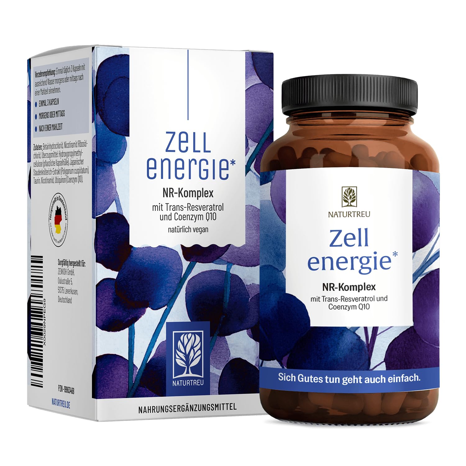 Zellenergie - NAD+ Faktor - mit Nicotinamide-Riboside 300mg (NR) - NAD Komplex - Betain, Resveratrol, Coenzym Q10, Taurin & Vitamin B3 - laborgeprüft in Deutschland – 90 vegane Kapseln von NATURTREU